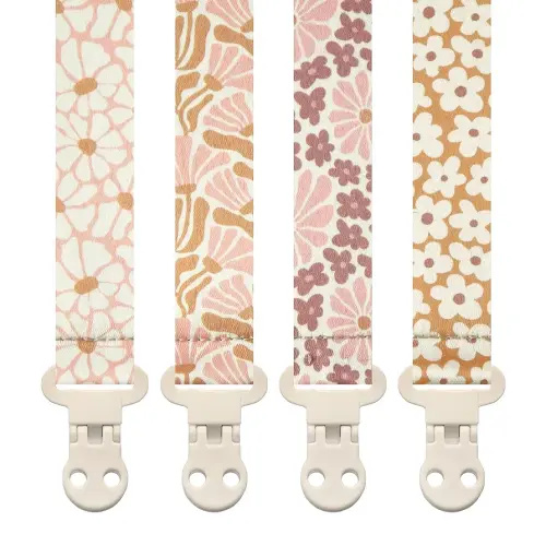 Baby Pacifier Clip Holder - Girl 4 Pack Gift Set – Boho Modern Pink and Beige Flowers Floral (Nolana)