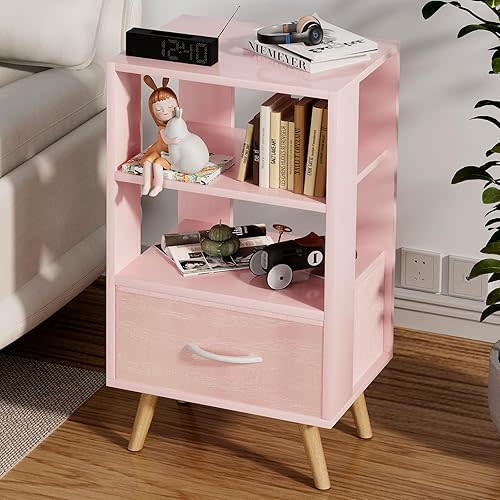 Night Stand, Pink Kids Nightstand with Drawer, Nursery Side Table with Open Storage, 3-Tier Modern End Table, Bedside Table for Small Space, Living Room, Bedroom