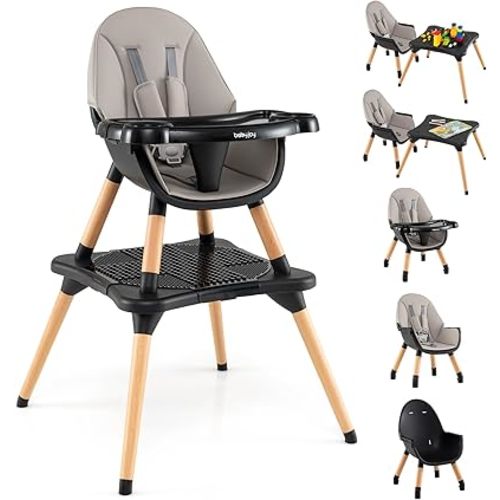 BABY JOY 6 in 1 High Chair, Convertible High Chairs for Babies and Toddlers/Booster Seat/Table and Chair Set, Infant Wooden Highchair w/ 5-Point Harness, 4-Position Removable Tray & PU Cushion (Black)