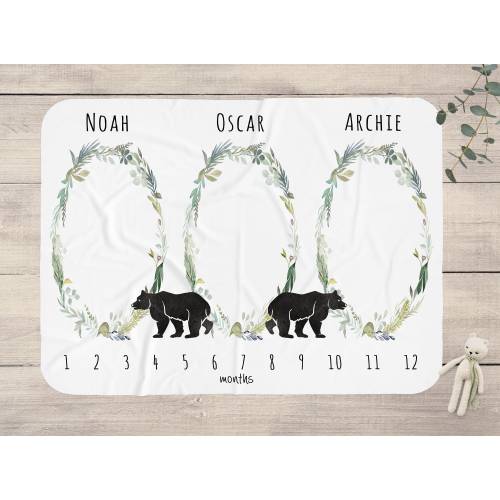 Woodlands Triplets Milestone Mat, Triplet Boys Milestone Blanket, Triplets Baby Gift, Personalised Triplets Photo Blanket, Bears Age Blanket