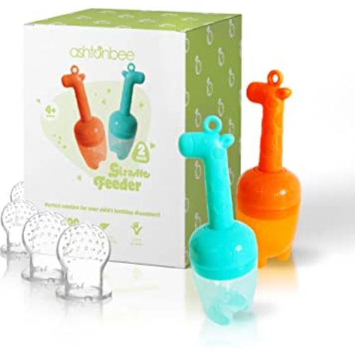 Ashtonbee - Giraffe Baby Fruit Feeder and Teething Pacifier, 2-in-1 Baby Food Feeder for Baby Teething Relief, Food-Grade Silicone Teether, for Babies 3 Months and Up, Pack of 2