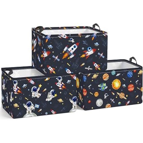 Clastyle Kid Storage Basket Set of 3 Boys Space Foldable Closet Toy Bin