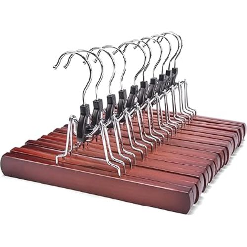 Nature Smile Wooden Pants Skirt Hangers, Smooth Finish Solid Wood Non Slip Jeans Slack Clamp Hangers Hair Extension Hangers (10 Pack Cherry)…