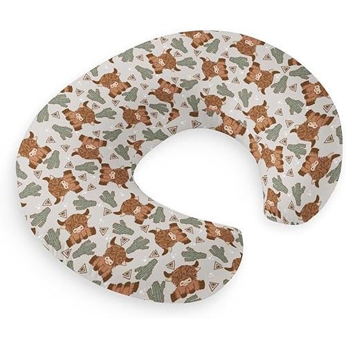 HawSkgFub Highland Cow Boho Cactus Nursing Pillow Cover for Baby Boys, Western Cowboy Desert Plant Breastfeeding Pillow Slipcover, Highlander Themed Cattle Pillowcase for Newborn Infant Cover Only