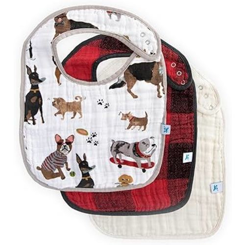 Little Unicorn Cotton Muslin Classic Bib 3 Pack– 100% Cotton – Machine Washable - Softer with Every Wash – Playful Designs - 3 Lightweight, Breathable Layers – for Boys and Girls (Woof Set)