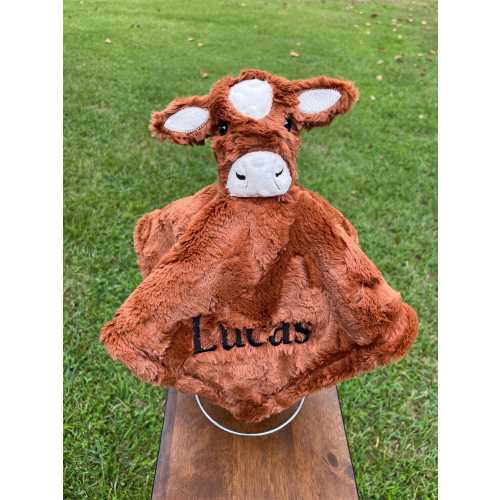 Cow Lovie, personalized security blanket, red cow head soft Minky, nursery, new baby gift, handmade, fawn faux fur lovey cute soft, cowboy