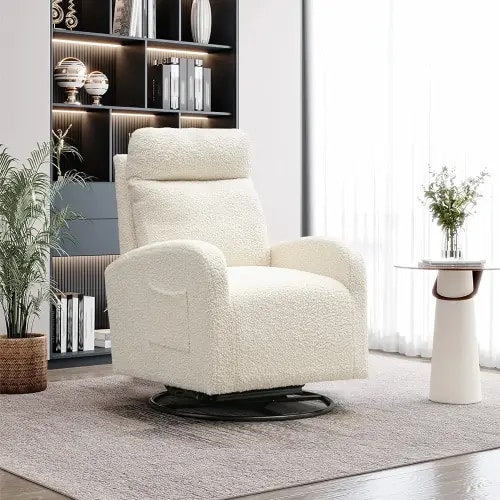 KINFFICT Modern Swivel Glider Chair, Upholstered Accent Glider Rocker for Baby Nursery, Comfy Tall Back Rocking Armchair with Side Pocket and Headrest for Living Room, Bedroom, White Teddy Fabric