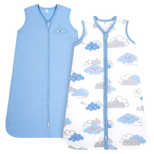 TILLYOU Sleep Sack 0-6 Months - 0.5 TOG Baby Wearable Blanket with 2-Way Zipper, Extra Soft Cotton Sleeveless Sleeping sack 2 Pack, Small Cloud & Blue