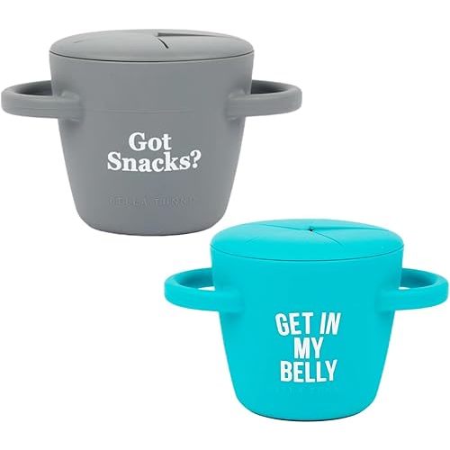 Snack Cups for Toddlers by Bella Tunno, Set of 2 Silicone Spill Proof Food Containers with Lids, Babies & Kids 6-12 Months, Got Snacks & Get in My Belly