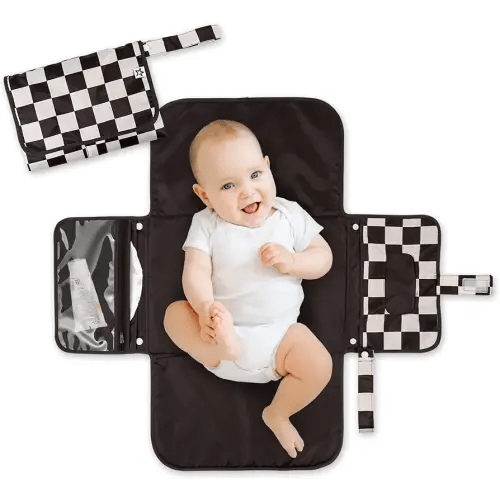 Tiny Twinkle Portable Diaper Changing Pad-Foldable Waterproof Changing Mat&Portable Changing Pad for Travel,Baby Changing Station with Smart Wipes Pocket&Storage (Black Checkers)