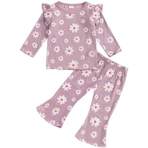 Toddler Baby Girl Outfits Ruffle Long Sleeve Striped Trim Tops + Flare Pants Set Toddler 2Pcs Fall Winter Clothes