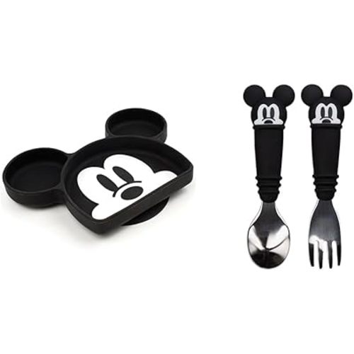Bumkins Mickey Mouse Silicone Plate, Toddler Utensils, Fork Spoon Set, Divided Dish, Suction Base, BPA Free, 18 Mos+ (1 Count)