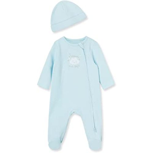 Little Me Baby Boy Clothes 2-Piece Baby Sleeper and Cap Set, 100% Cotton Footies Baby Essentials, Preemie to 9 Months