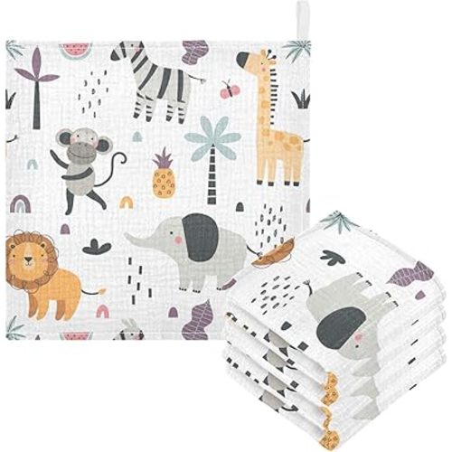 Cute Exotic Animals Burp Cloths for Boys Girls, Monkey Elephant Baby Muslin Washcloths Cartoon Lion Giraffe Zebra Soft Absorbent Face Bath Towel Kids Wash Cloth 12x12 Inch, 3 Pack
