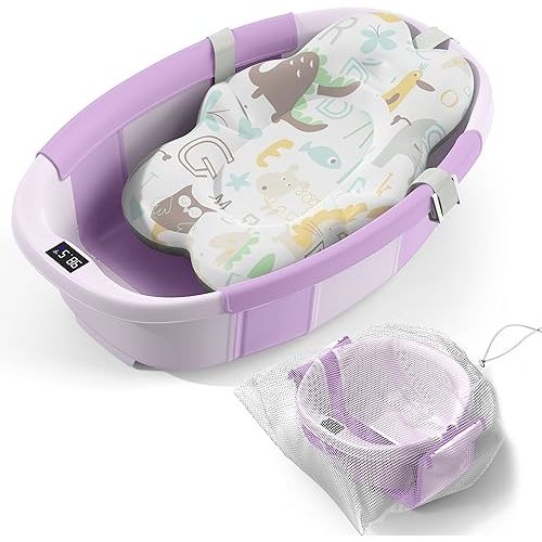 Collapsible Baby Bathtub - Large Baby Bath Tub with Thermometer & Cushion | Travel Portable Newborn Infant Bathtub | Foldable Toddler Bathtub for Baby 0 to 36 Months (Purple)