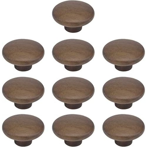 MY MIRONEY 10PCS Round Wood Drawer Knobs Walnut Kitchen Cabinet Knob Solid Wood Hardware Dresser Handles Pulls Wooden Single Hole Handles with Screws - 1.57" Diameter