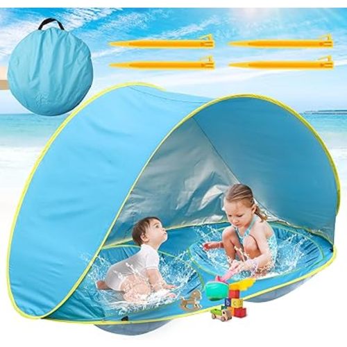 Baby Beach Tent-2 Pools Baby Pop Up Tent,UPF 50+ Sunshade Toddler Tent with Carry Bag, Portable Baby Travel Tent for Beach,Camping,Indoor