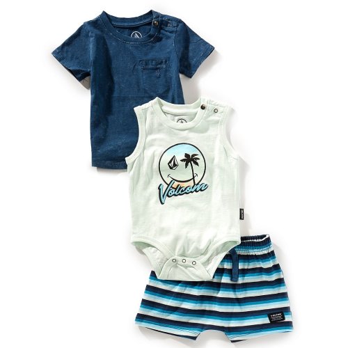 Volcom Baby Boys 12-24 Months Jersey Bodysuit, T-Shirt, and Stripe Shorts 3-Piece Set With Matching Hat