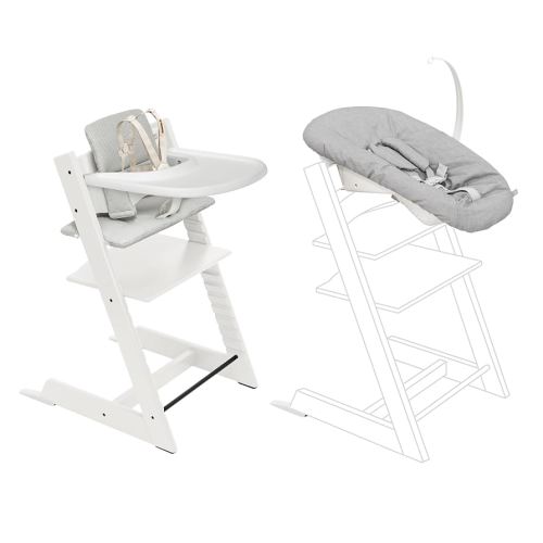 Stokke Tripp Trapp High Chair 2 (White) + Newborn Set + Cushion 2 (Nordic Grey) + Stokke Tray (White) - Includes Chair & Baby Set with Removable Harness for Children 6-36 Months