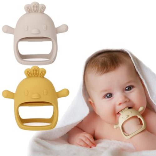 Silicone Baby Teether Toy for Infants 3+ Months, BPA Free Anti-Drop Silicone Mitten Teething Toy for Soothing Sore Gums, Baby Chew Toys for Sucking Needs, Beige+Mango