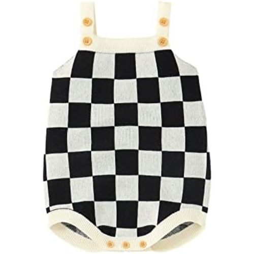 Gueuusu Newborn Baby Girl Summer Clothes Checkerboard Plaid Print Sleeveless Knitted Bodysuit Romper One Piece Jumpsuit
