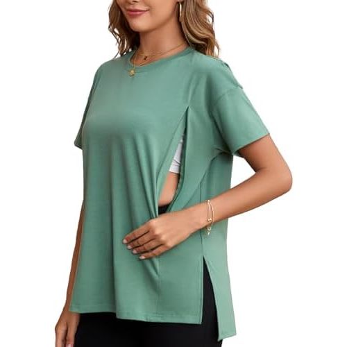 Ecavus Women's Oversized Nursing Shirts for Breastfeeding with Hidden Zipper Short Sleeves Side Splits Maternity Tops