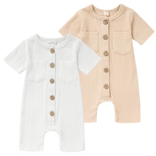 TITKKOP Newborn Baby Boy Girl Clothes 2 Pack Solid Romper Short Sleeve One-Piece Jumpsuits Outfits Sets