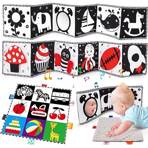 2 PCS Black and White High Contrast Baby Toys 0-6 Months Soft Crinkle Book for Early Education Montessori Sensory Toys for Newborn Brain Development Tummy Time Mirror Infant Toys 6-12 Months Gifts