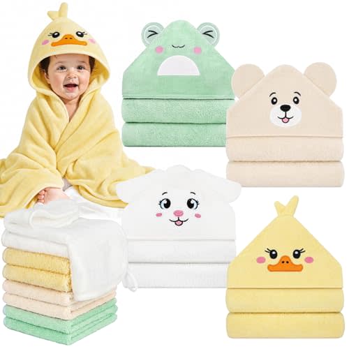 12 PCS Baby Towels Set, Baby Bath Towels for Toddlers Newborn Essentials | Super Thick Absorbent, Cute Animal Hooded, Soft Cozy, 4 Baby Towels & 8 Washcloths for Boy Girl Gifts (Dog, Duck, Frog, Bear)