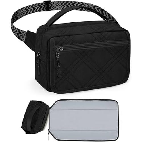Small Diaper Bag with Portable Changing Pad, Mini Crossbody Diaper FannyPack with Wipes Pocket, Women Waist Bag for Travel (Quilted Black, Large)