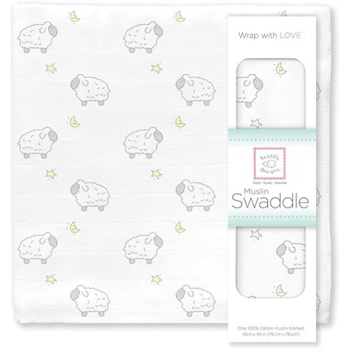 SwaddleDesigns Cotton Muslin Swaddle Blanket, Receiving Blanket for Boys & Girls, Best Shower Gift, 46x46 inches, Little Lambs, Sterling