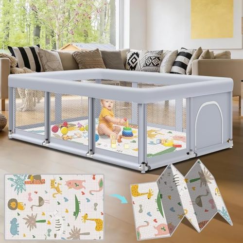 Fshibila 65" ×50" Large Baby Playpen with Mat, Baby Playard for Babies and Toddlers, Play Pens for Indoor & Outdoor, Sturdy Safety Play Yard with Soft Breathable Mesh, Anti-Fall, Grey