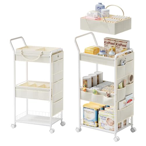 BBLIKE 3-Tier Diaper Caddy Organizer - Rolling Utility Baby Cart with Basket and Side Pockets for Nursery and Baby Essentials, Multi-Function Cart for Bedroom and Bathroom, Begie
