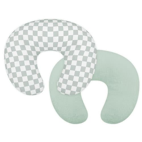 DILIMI Muslin Nursing Pillow Cover 2 Pack, Removable Nursing Cover for Breastfeeding Pillows, Ultra Soft Comfortable Slipcover for Baby Girl and Boy, Green and Checkered