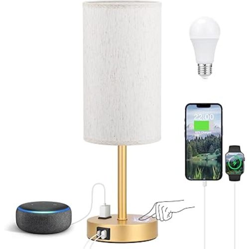 Touch Table Lamp - Cream, 3-Way Dimmable, USB A + C Charging, AC Outlet, 17.4inch Medium, Gold Metal Base