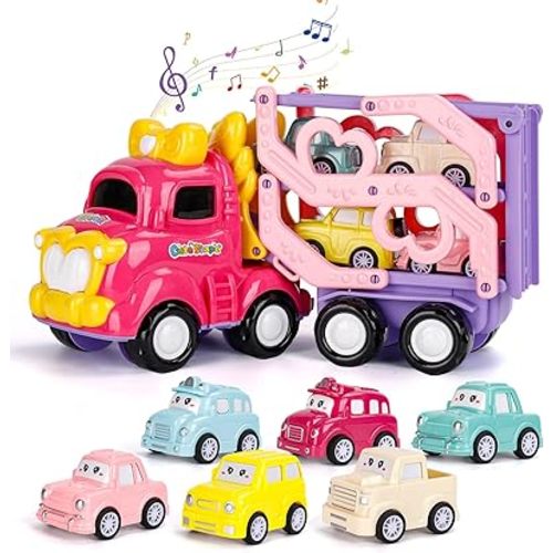 Car Toys for Toddler 1, 2, 3+ Year Old Girls, 7-in-1 Carrier Truck for Age 1 2 3 with Light & Music 3-Layer Transport Truck for Kids Baby Girls, Birthday Gift
