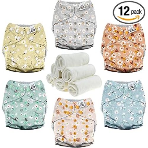 Mama Koala 3.0 Pocket Cloth Diapers for Babies with AWJ Lining, 6 Pack with 6 4-Layer Natural Cloth Diaper Inserts - Reusable and Washable Pocket Diapers(Garden Beetles)