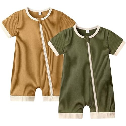 Bafeicao Unisex Baby Boy Girl 2 Pack Rompers Short Sleeve 2 Way Zipper One Piece Jumpsuits Clothes Sets