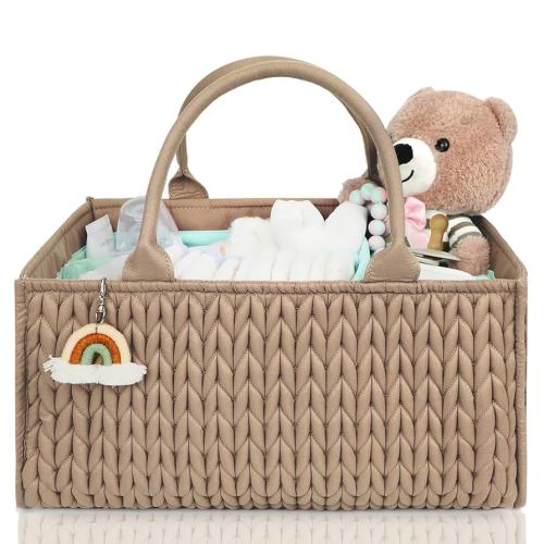 MOMINSIDE Diaper Caddy Organizer, Baby Basket Nursery Storage, Portable Changing Table Car caddy organizer for Girl Boy, Baby Registry Baby Shower Gifts, Newborn Essentials(Brown), FA231103-2N