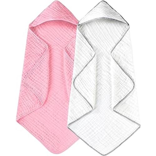 Yoofoss Hooded Baby Towels for Newborn 2 Pack 100% Muslin Cotton Baby Bath Towel with Hood for Babies, Infant, Toddler and Kids, Large 32x32Inch, Soft and Absorbent Newborn Essential
