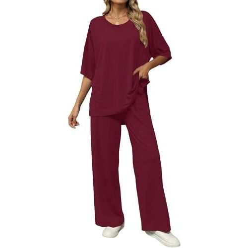 KevaMolly 2 Piece Lounge Set for Women Postpartum Oversized Tops and Wide Leg Pants Soft Comfy Pajamas Set 2 Piece Outfits