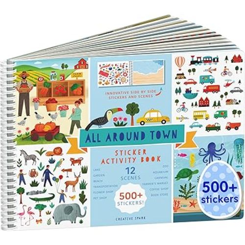 Sticker Book for Kids 2-4, 500+ Kids Stickers, All Around Town by Cupkin, 12 Coloring Pages, 12 Side by Side Scenes, Fun Toddler Travel Activity Easter Basket Essentials for Ages 4-8 + 8-10