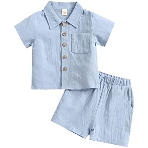 SHIBAOZI Toddler Baby Boys Clothes Set Button-Down Shirt Tops + Cotton Linen Shorts Summer Outfit 2PCS with Pockets