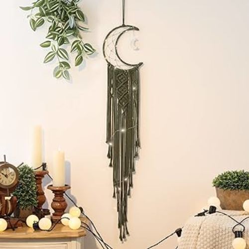 Olive Macrame Moon Dream Catcher, Boho Crescent Phase Woven Wall Hanging with Light, Handmade Unique Bohemian Nursery Decor with Star Ornament Decoration for Home Bedroom, for Girl Kids