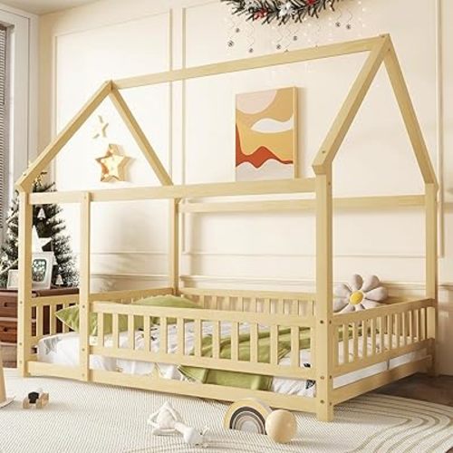 Twin Size House Floor Bed With Fence and Roof - Wooden Montessori Playhouse Style Frame for Kids, Girls, Boys, Teens - Natural
