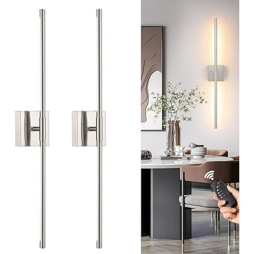 Battery Operated Wall Sconces Set of 2, Dimmable Battery Wall Sconce with Remote Control, Sand-Nickel LED Rechargeable Sconces, 24 Inch Modern Wireless Wall Lights for Bedroom, Living Room