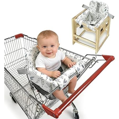 Shopping Cart Seat Cover for Baby Girl and Boy, High Chair Cover for Restaurant seat, Padded Grocery Cart Seat Cover & Swing Insert for Infant & Toddler, Durable Machine Washable (Gray Leaves)