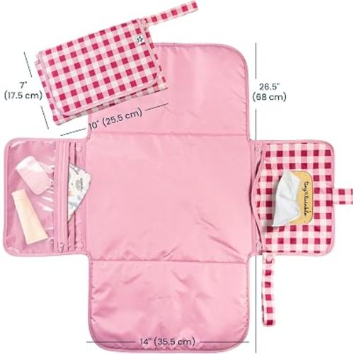 Tiny Twinkle Portable Diaper Changing Pad | Waterproof, Wipeable & Compact Baby Changing Pad for Travel | Smart Wipes Pocket & Organized Storage| Newborn Shower Gift (Raspberry Gingham)