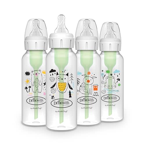 Dr. Brown's Natural Flow Anti-Colic Options+ Narrow Baby Bottle, 8 oz/250 mL, with Level 1 Slow Flow Nipple, BPA Free, 0m+, Bear, Owl, Pig, Frog, 4-Pack