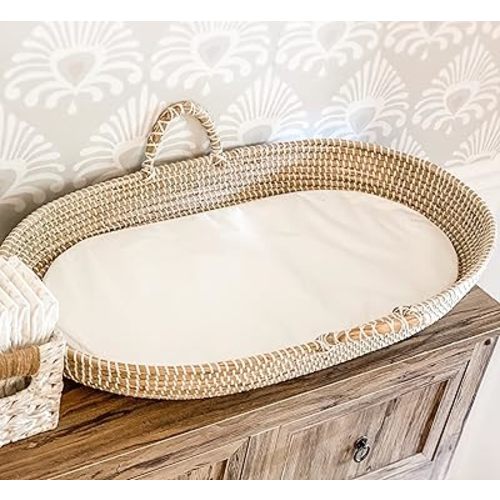 Seagrass Baby Changing Basket with Waterproof Pad | Portable Diaper Changing Topper for Dresser or Table | A Nursery Essential
